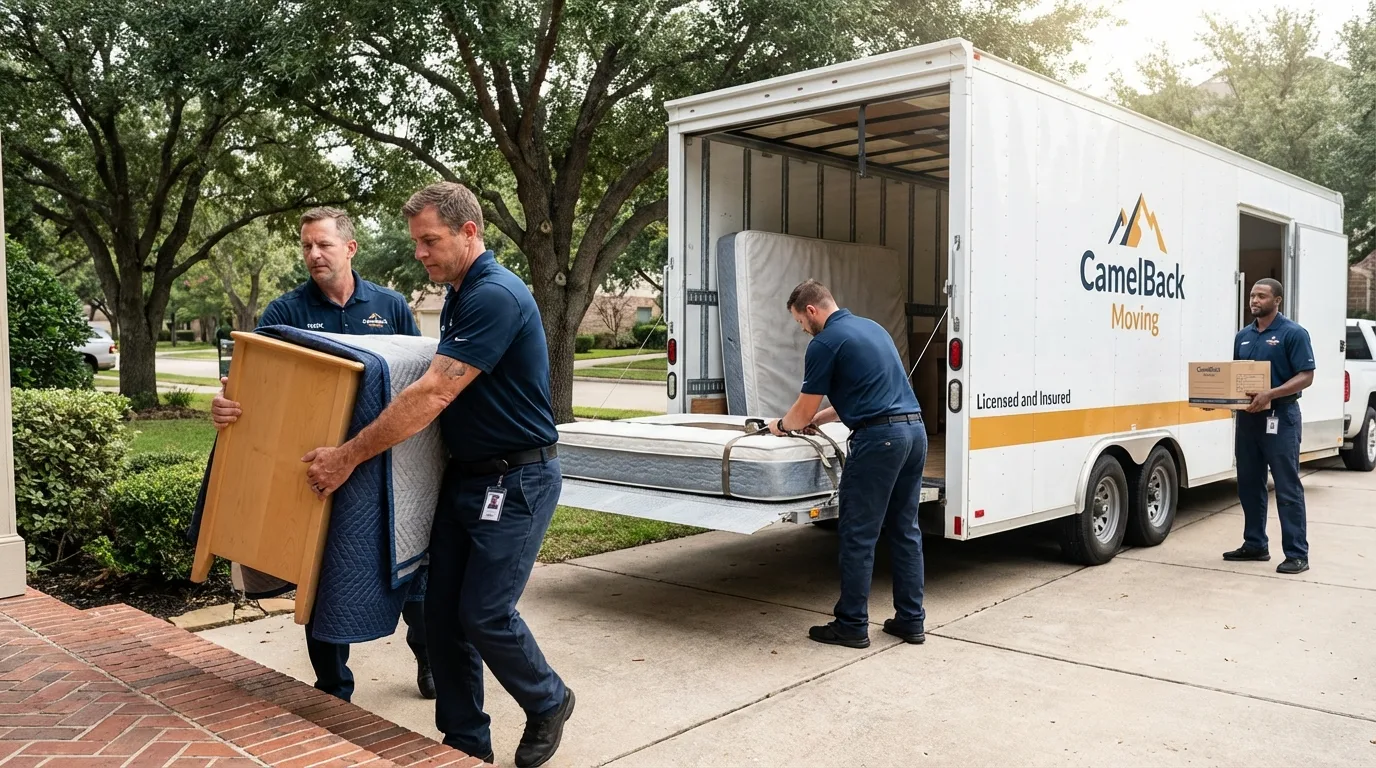 Crew loading residential truck for cross-state move from Beaumont, TX