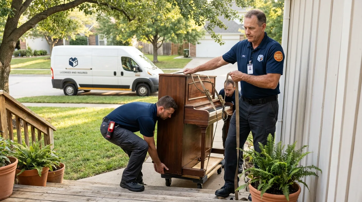Licensed piano movers securing grand piano in Beaumont, TX
