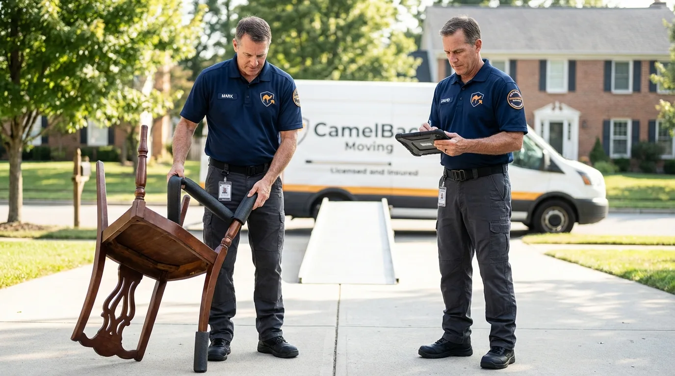 Movers inspecting furniture for damage prevention before loading in Beaumont, TX